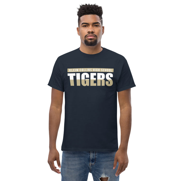 Man wearing a Klein Collins High School Tigers Classic Unisex Navy T-shirt 25