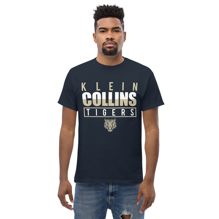 Man wearing a Klein Collins High School Tigers Classic Unisex Navy T-shirt 29