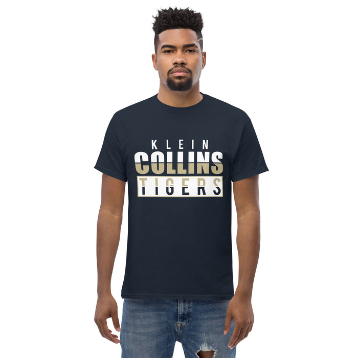 Man wearing a Klein Collins High School Tigers Classic Unisex Navy T-shirt 31