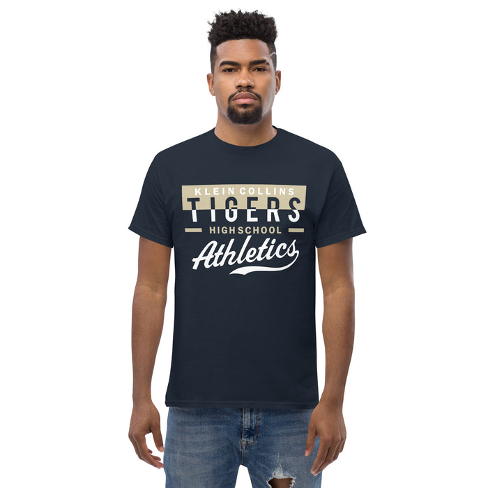 Man wearing a Klein Collins High School Tigers Classic Unisex Navy T-shirt 48