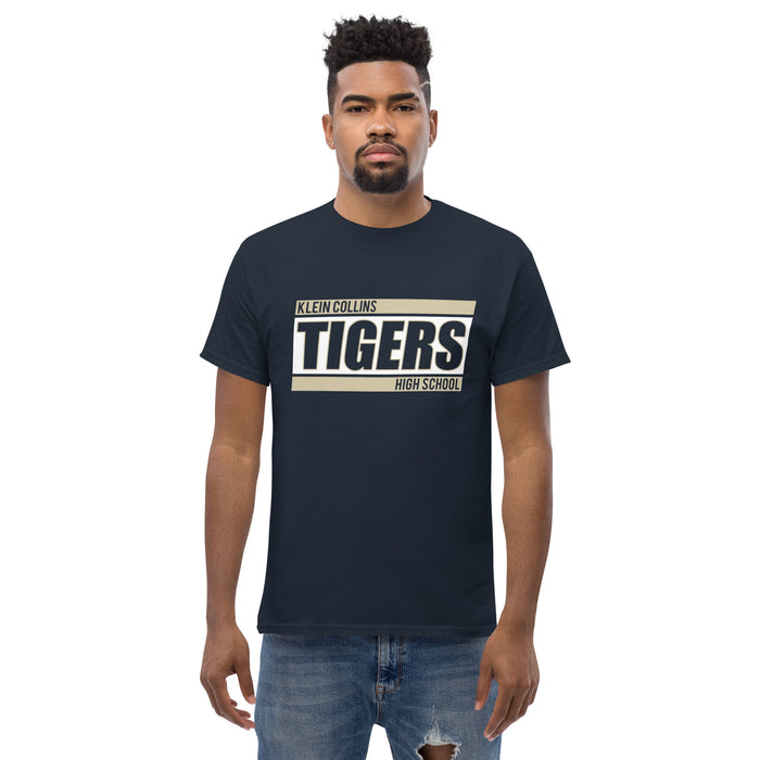 Man wearing a Klein Collins High School Tigers Classic Unisex Navy T-shirt 72