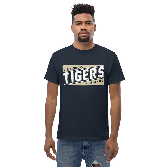 Man wearing a Klein Collins High School Tigers Classic Unisex Navy T-shirt 84