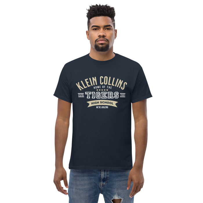 Man wearing a Klein Collins High School Tigers Classic Unisex Navy T-shirt 96