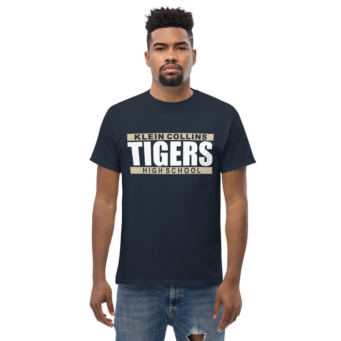 Man wearing a Klein Collins High School Tigers Classic Unisex Navy T-shirt 98