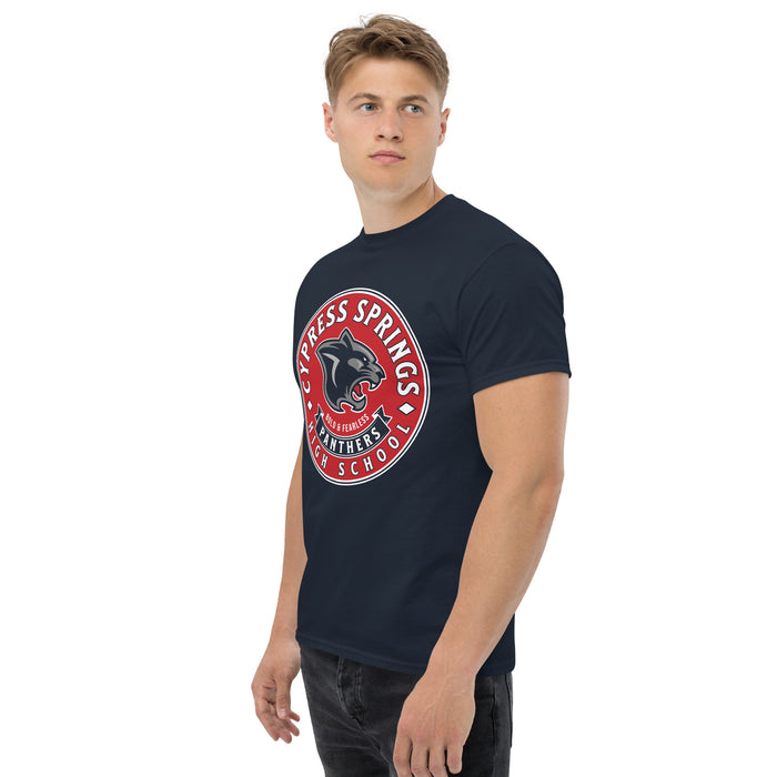 Side view of Cypress Springs High School Panthers Navy Classic Unisex T-shirt 215