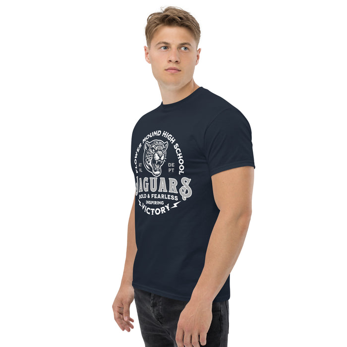 Side view of Flower Mound High School Jaguars Navy Blue Classic Unisex T-shirt 206