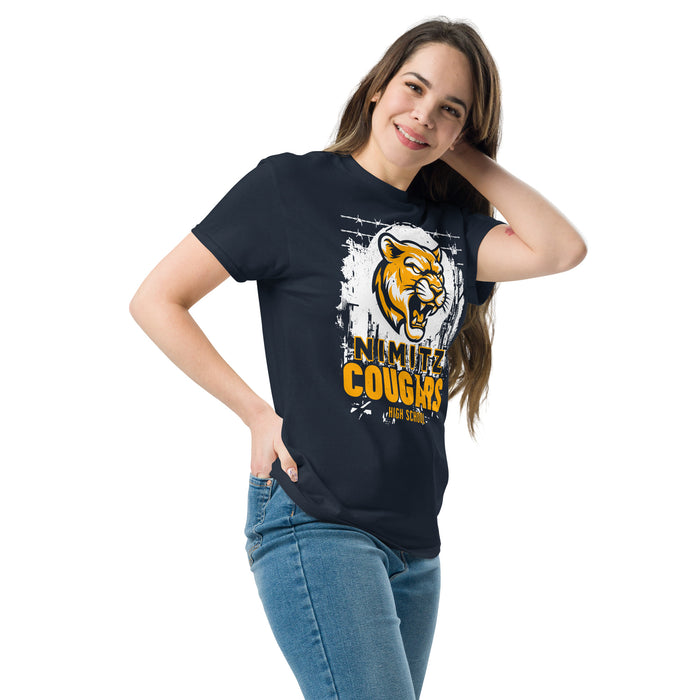 Woman wearing Nimitz High School Cougars Navy Blue Classic Unisex T-shirt 202