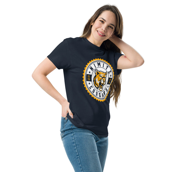 Woman wearing Nimitz High School Cougars Navy Blue Classic Unisex T-shirt 203