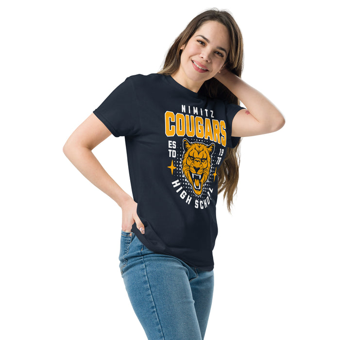 Woman wearing Nimitz High School Cougars Navy Blue Classic Unisex T-shirt 204