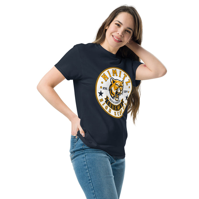 Woman wearing Nimitz High School Cougars Navy Blue Classic Unisex T-shirt 215