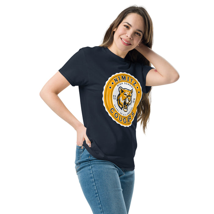 Woman wearing Nimitz High School Cougars Navy Blue Classic Unisex T-shirt 216