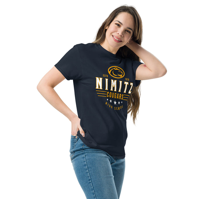 Woman wearing Nimitz High School Cougars Navy Blue Classic Unisex T-shirt 217