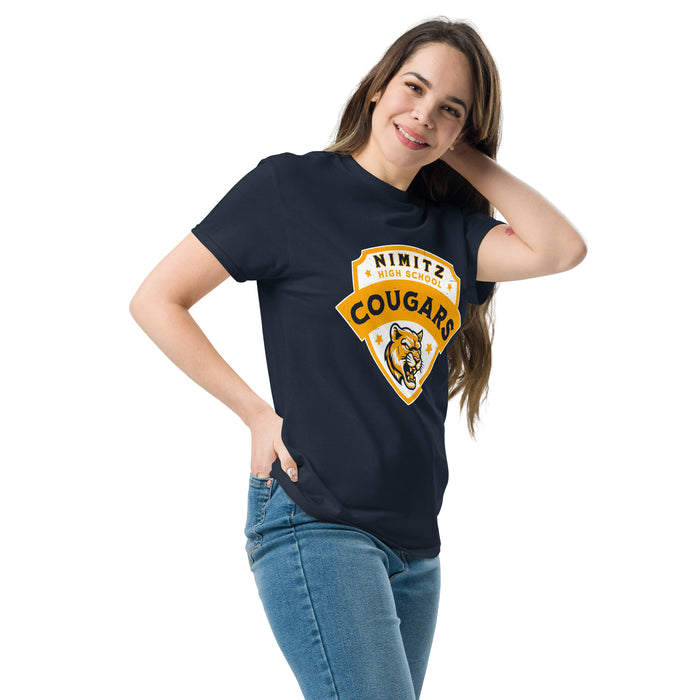 Woman wearing Nimitz High School Cougars Navy Blue Classic Unisex T-shirt 221