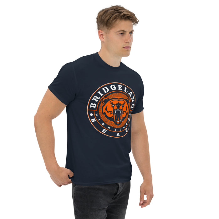 Man wearing a Bridgeland High School Bears Classic Unisex Navy T-shirt 02a