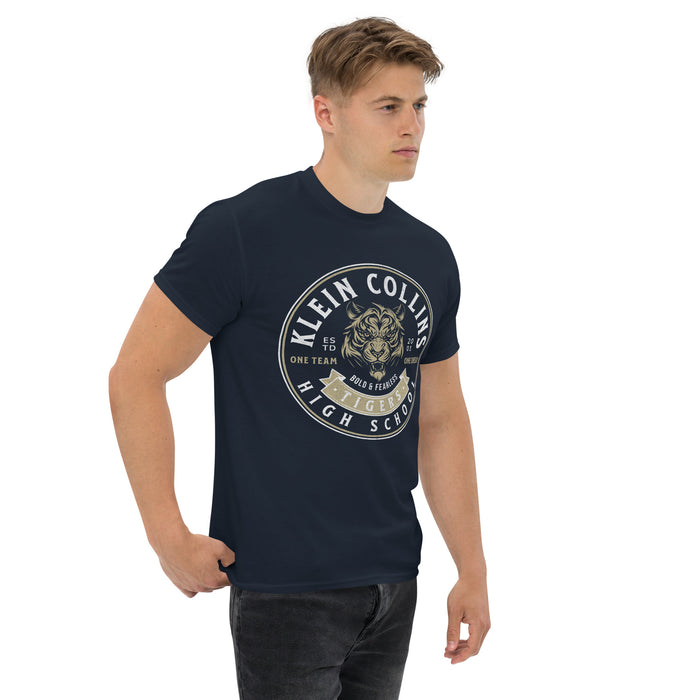 Man wearing a Klein Collins High School Tigers Classic Unisex Navy T-shirt 203