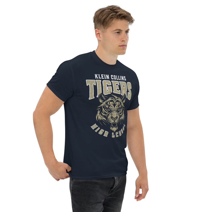 Man wearing a Klein Collins High School Tigers Classic Unisex Navy T-shirt 212