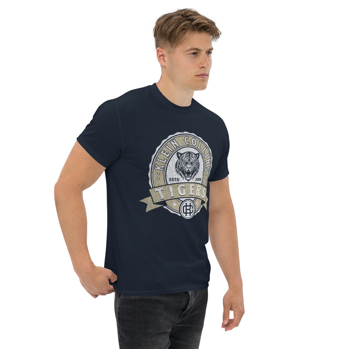 Man wearing a Klein Collins High School Tigers Classic Unisex Navy T-shirt 215