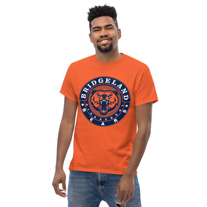 Man wearing a Bridgeland High School Bears Classic Unisex Orange T-shirt 02