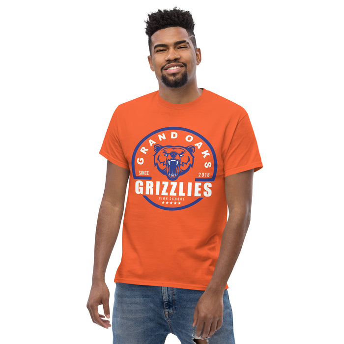 Man wearing a Grand Oaks High School Grizzlies Classic Unisex Orange T-shirt 04