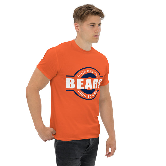 Man wearing a Bridgeland High School Bears Classic Unisex Orange T-shirt 11a