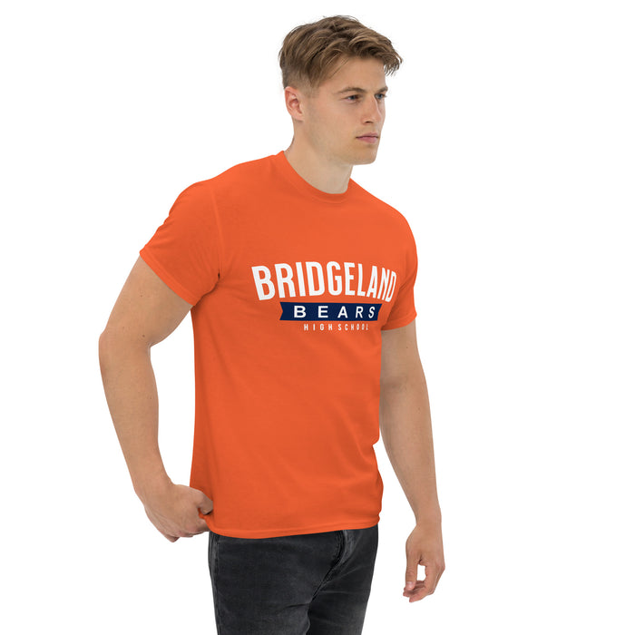 Man wearing a Bridgeland High School Bears Classic Unisex Orange T-shirt 21a