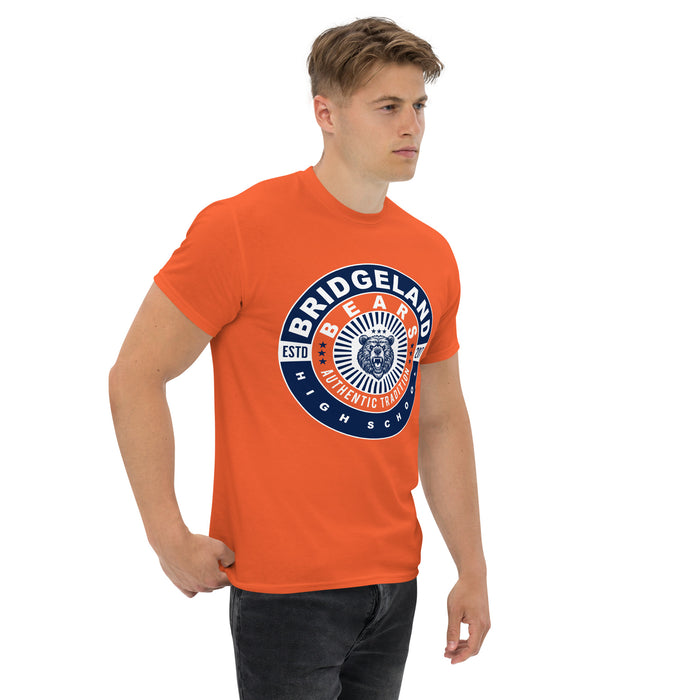 Man wearing a Bridgeland High School Bears Classic Unisex Orange T-shirt 30a