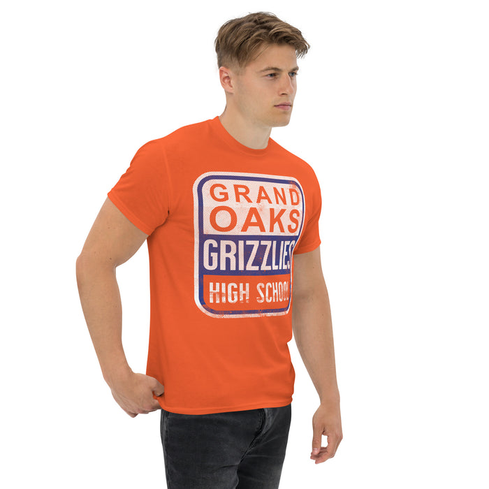 Man wearing a Grand Oaks High School Grizzlies Classic Unisex Orange T-shirt 01a