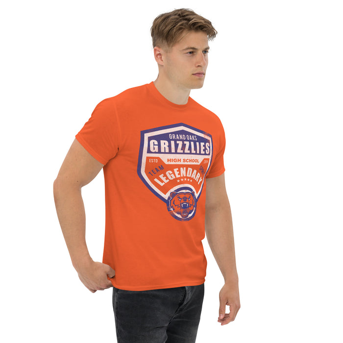 Man wearing a Grand Oaks High School Grizzlies Classic Unisex Orange T-shirt 14a