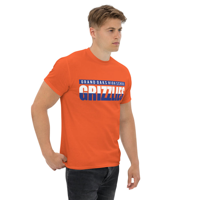 Man wearing a Grand Oaks High School Grizzlies Classic Unisex Orange T-shirt 25a