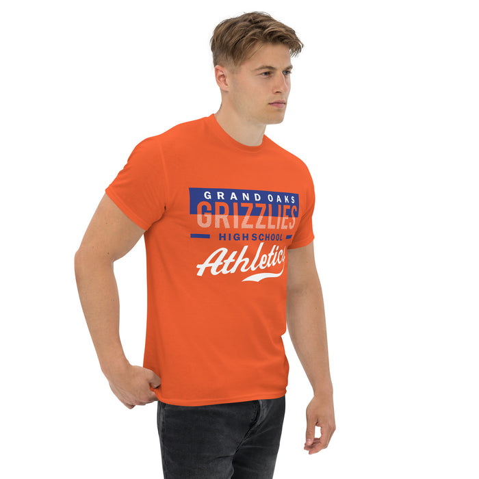 Man wearing a Grand Oaks High School Grizzlies Classic Unisex Orange T-shirt 48a