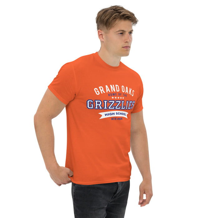 Man wearing a Grand Oaks High School Grizzlies Classic Unisex Orange T-shirt 96a