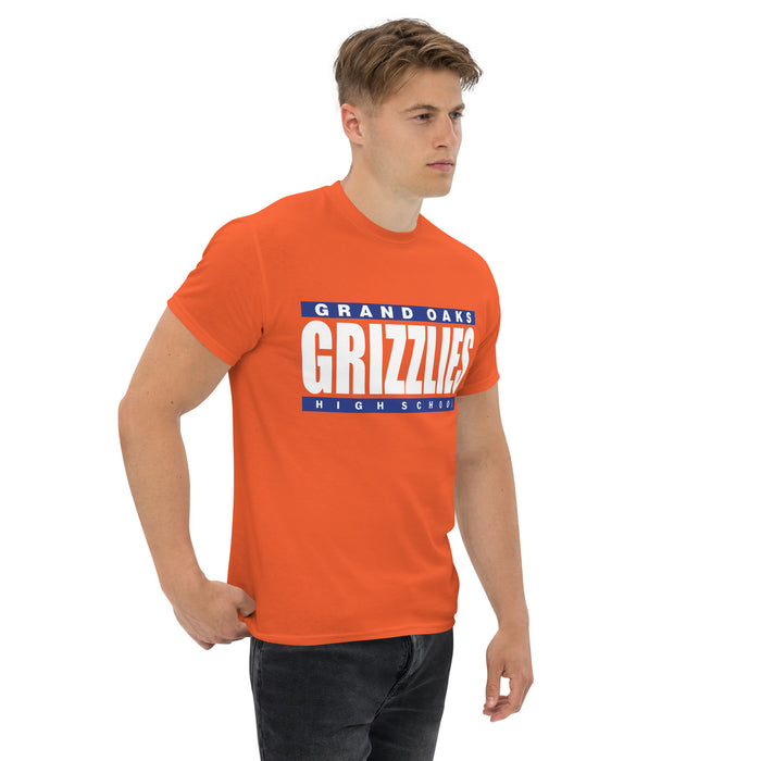 Man wearing a Grand Oaks High School Grizzlies Classic Unisex Orange T-shirt 98a