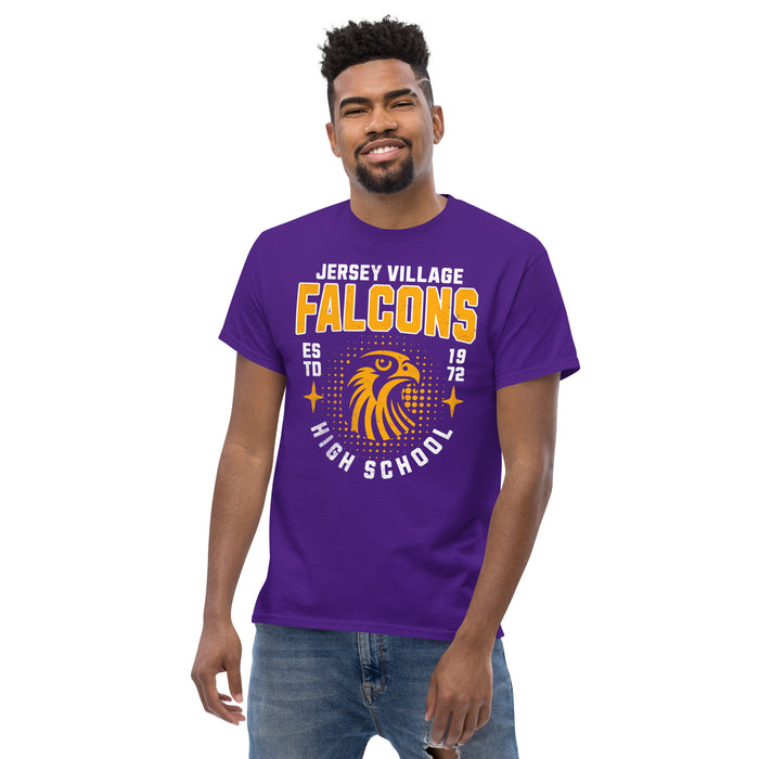 Man wearing a Jersey Village High School Falcons Purple Classic Unisex T-shirt 203