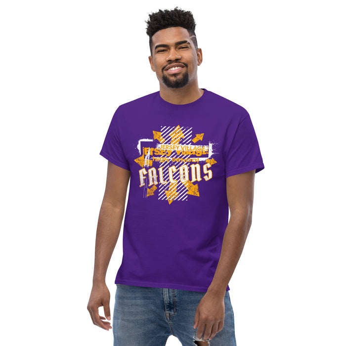 Man wearing a Jersey Village High School Falcons Purple Classic Unisex T-shirt 205