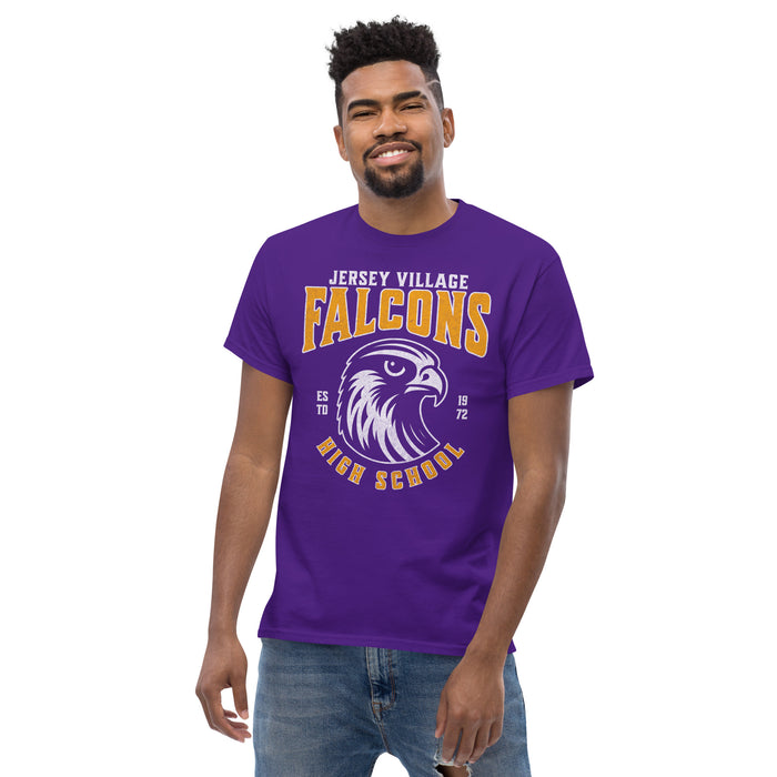 Man wearing a Jersey Village High School Falcons Purple Classic Unisex T-shirt 212