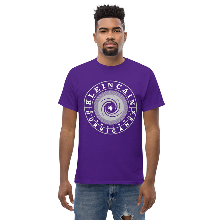 A man wearing a Klein Cain High School Hurricanes Purple Classic T-shirt 02