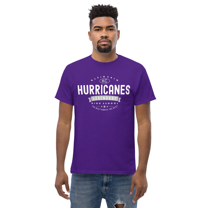 A man wearing a Klein Cain High School Hurricanes Purple Classic T-shirt 44