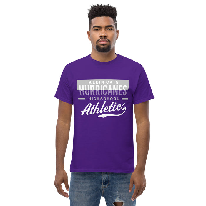 A man wearing a Klein Cain High School Hurricanes Purple Classic T-shirt 48