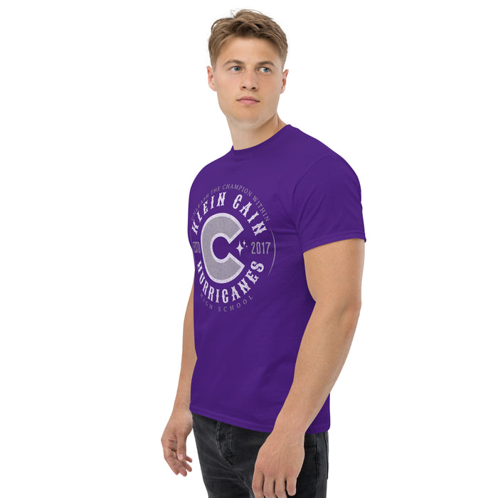 Man wearing a Klein Cain High School Hurricanes Purple Classic T-shirt 211