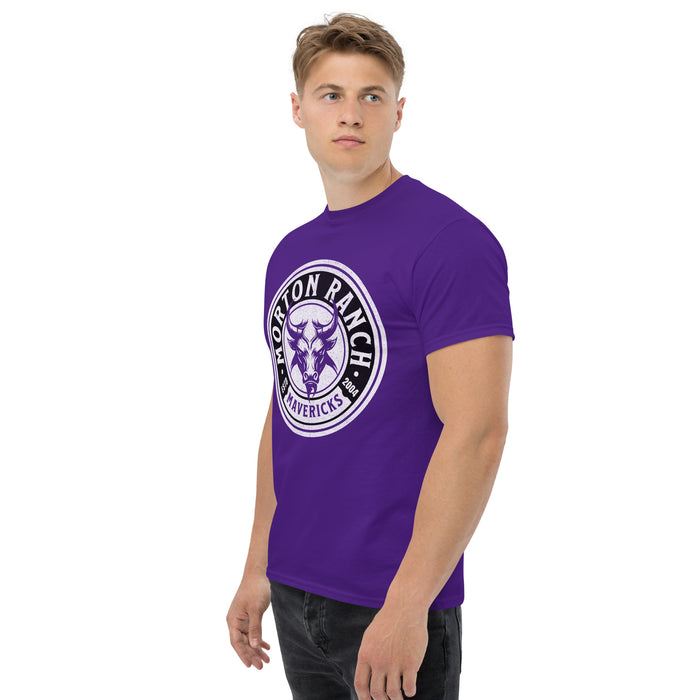 Man wearing a Morton Ranch High School Mavericks Classic Unisex Purple T-shirt 208a