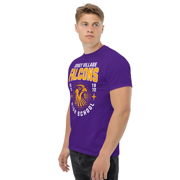 Man wearing a Jersey Village High School Falcons Purple Classic Unisex T-shirt 203a