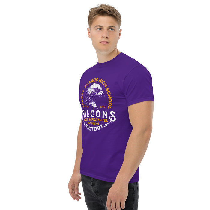 Man wearing a Jersey Village High School Falcons Purple Classic Unisex T-shirt 209