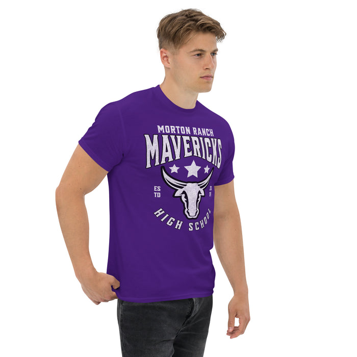 Man wearing a Morton Ranch High School Mavericks Classic Unisex Purple T-shirt 201a