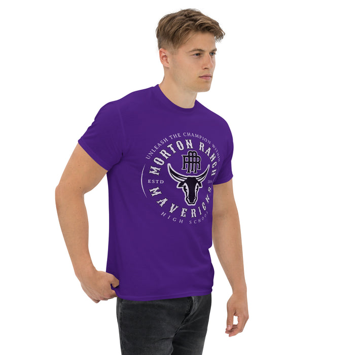 Man wearing a Morton Ranch High School Mavericks Classic Unisex Purple T-shirt 203a