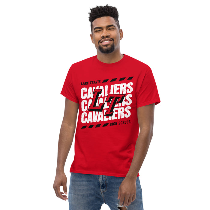 Man wearing Lake Travis High School Cavaliers Red Classic Unisex T-shirt 223