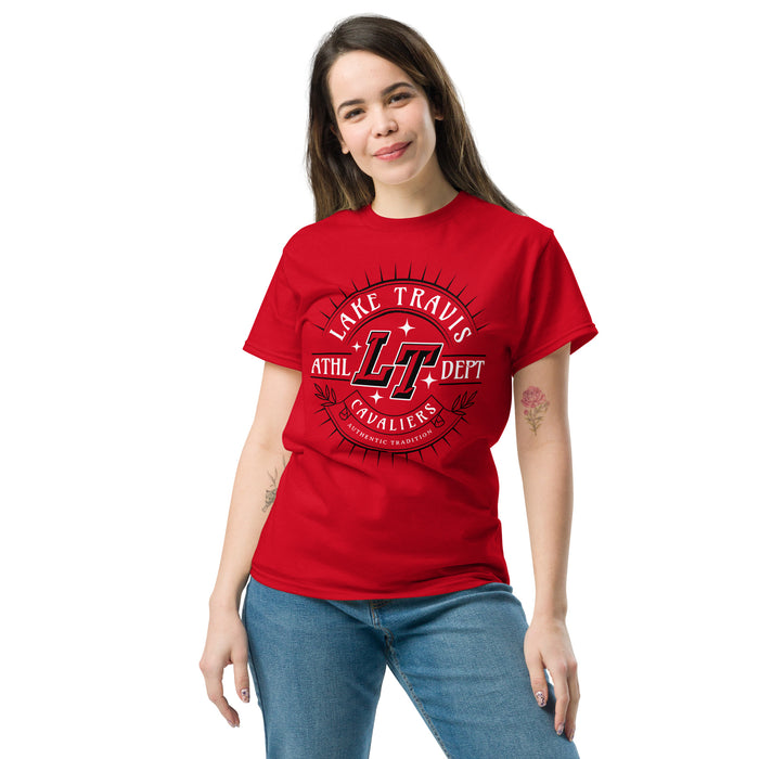 Woman wearing Lake Travis High School Cavaliers Red Classic Unisex T-shirt 201