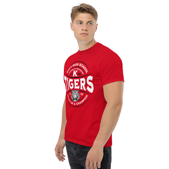 Man wearing a Katy High School Tigers Red Classic Unisex  T-shirt 202a