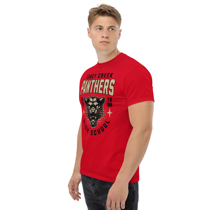 Man wearing Caney Creek High School Panthers Red Classic Unisex T-shirt 204a