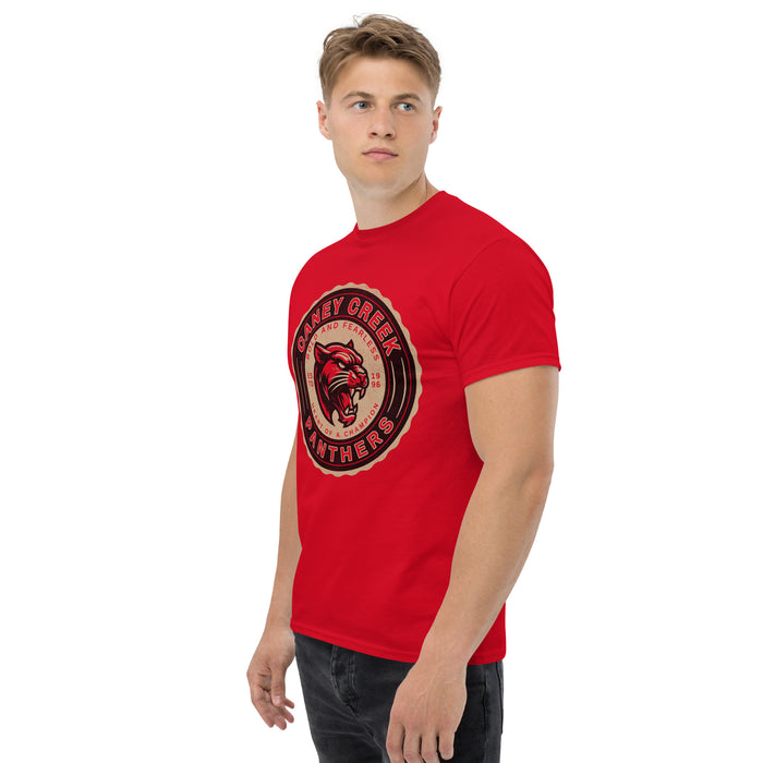 Man wearing Caney Creek High School Panthers Red Classic Unisex T-shirt 216a