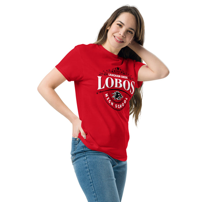 Woman wearing Langham Creek High School Lobos Red Classic Unisex T-shirt 211